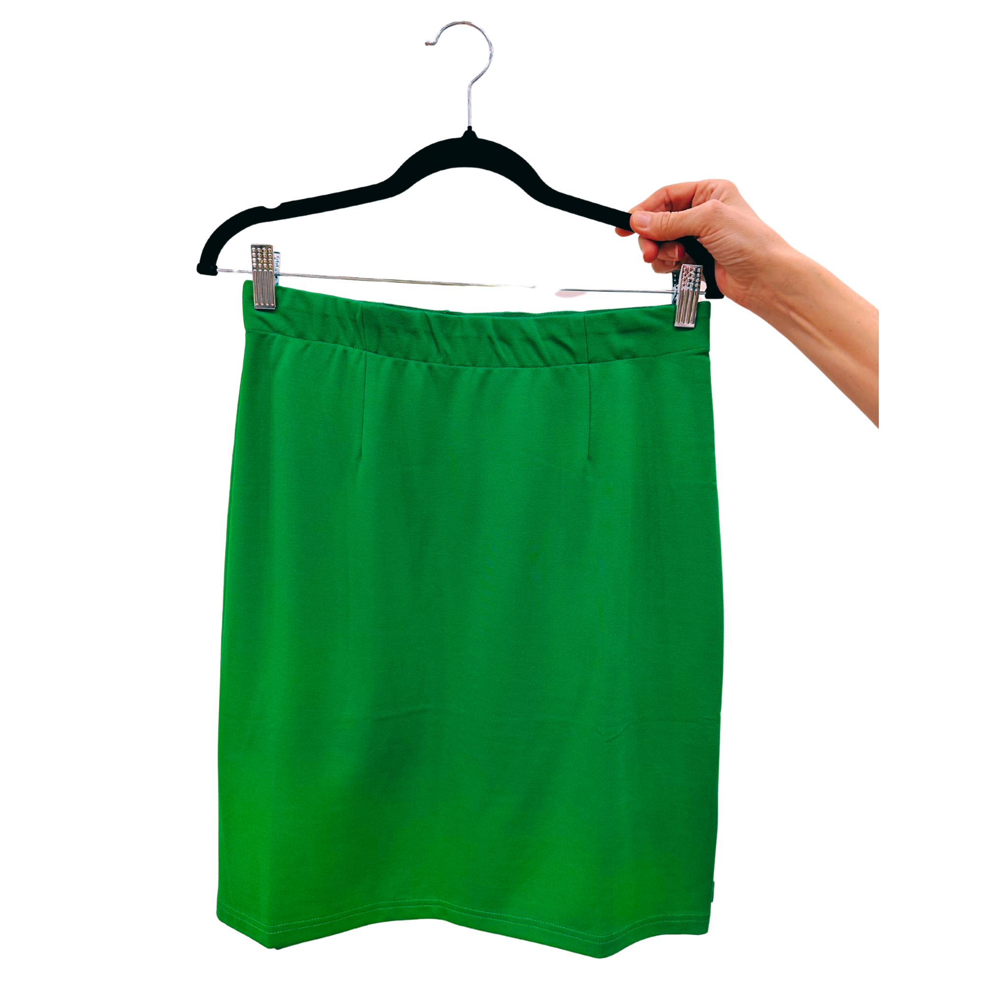 Green Monochrome pencil skirt on a hanger.