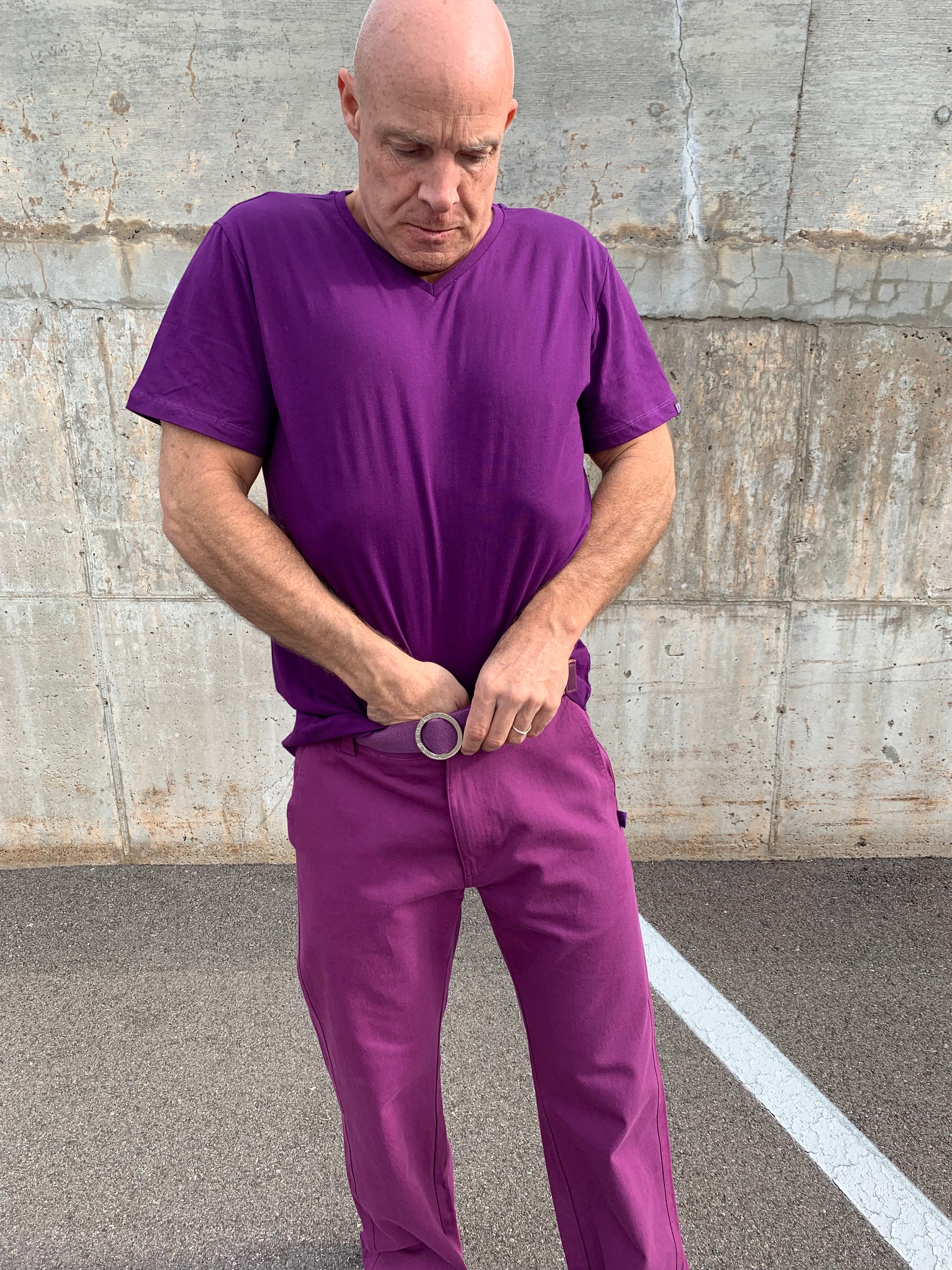 Monochrome Men's Purple Pants and Purple T-Shirt and tuck