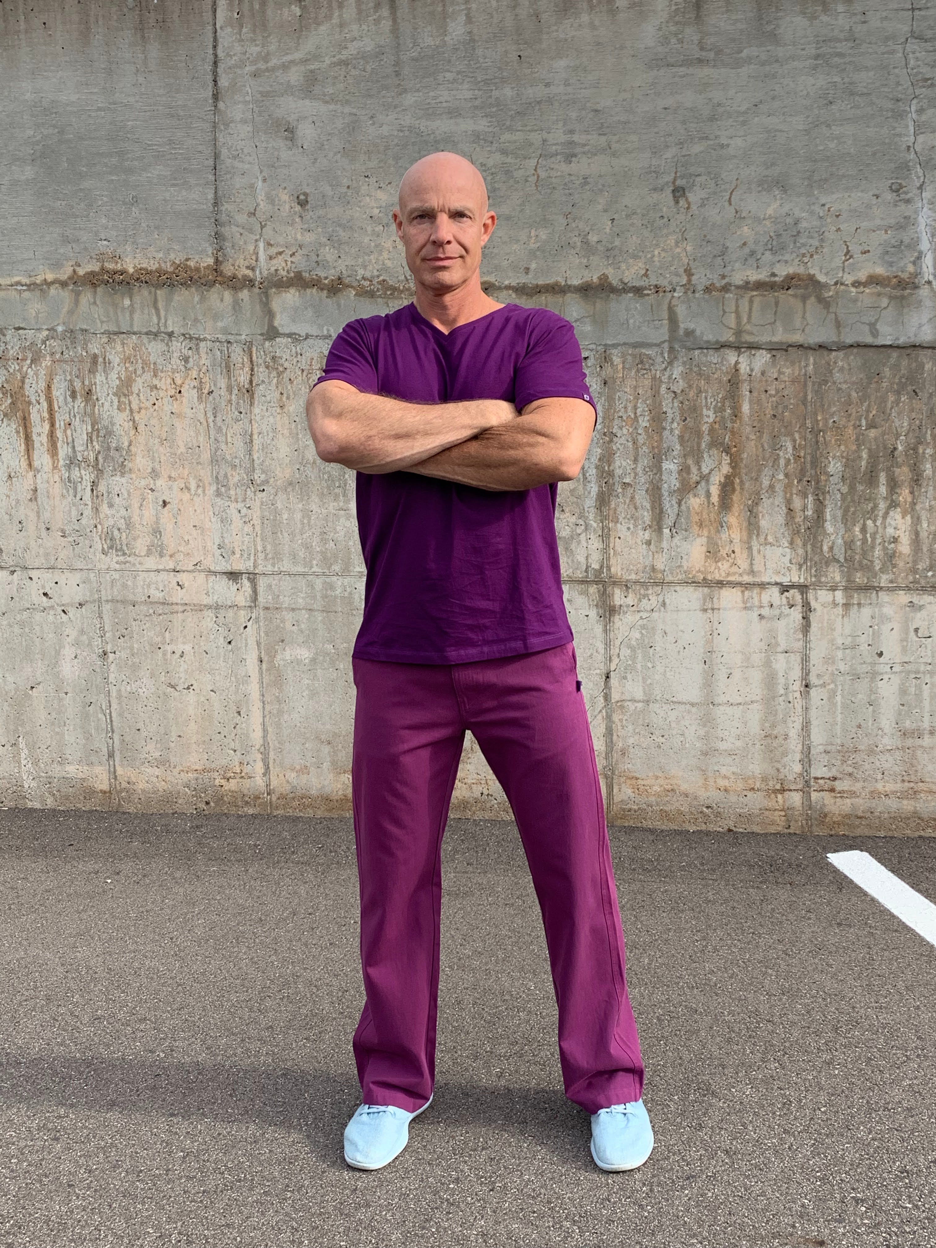 Monochrome Men's Purple Pants and Purple V-neck